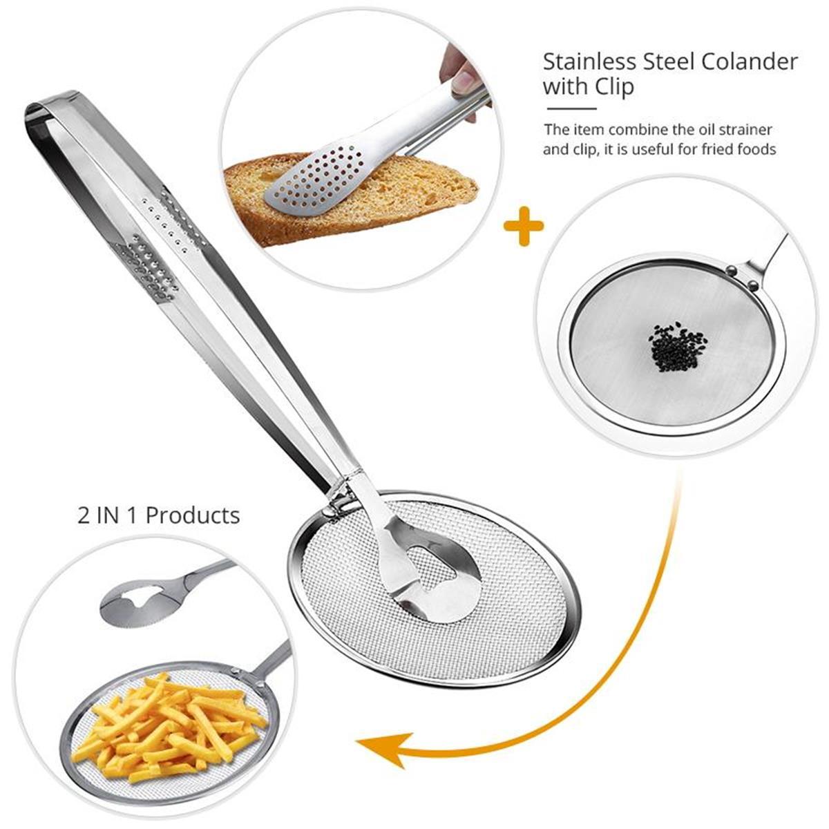 (Pack of 2) Multi-functional 2 in 1 Fry Tool Filter Spoon Strainer With Clip, Oil Frying BBQ Filter Stainless Steel Mesh Strainer